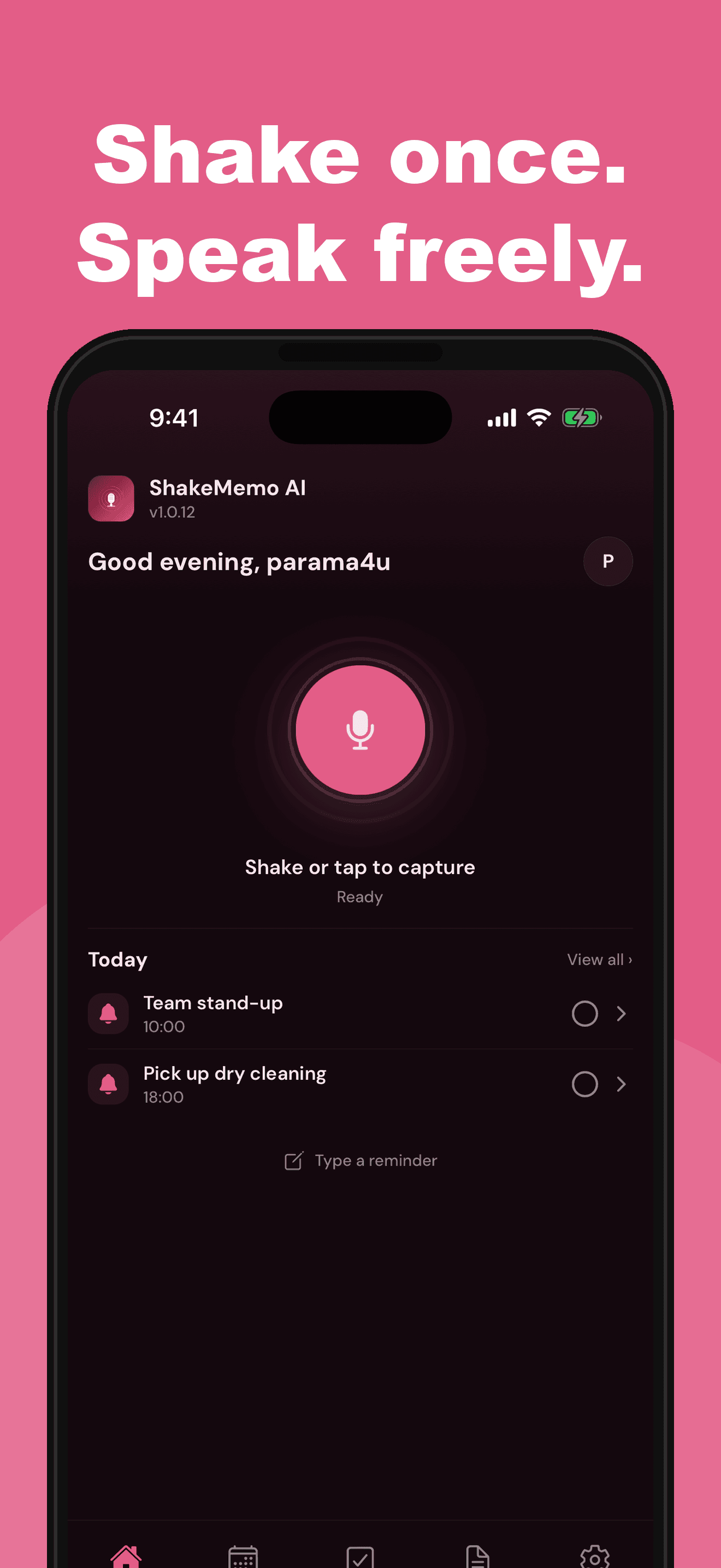 ShakeMemo home screen with shake-to-capture and today's reminders